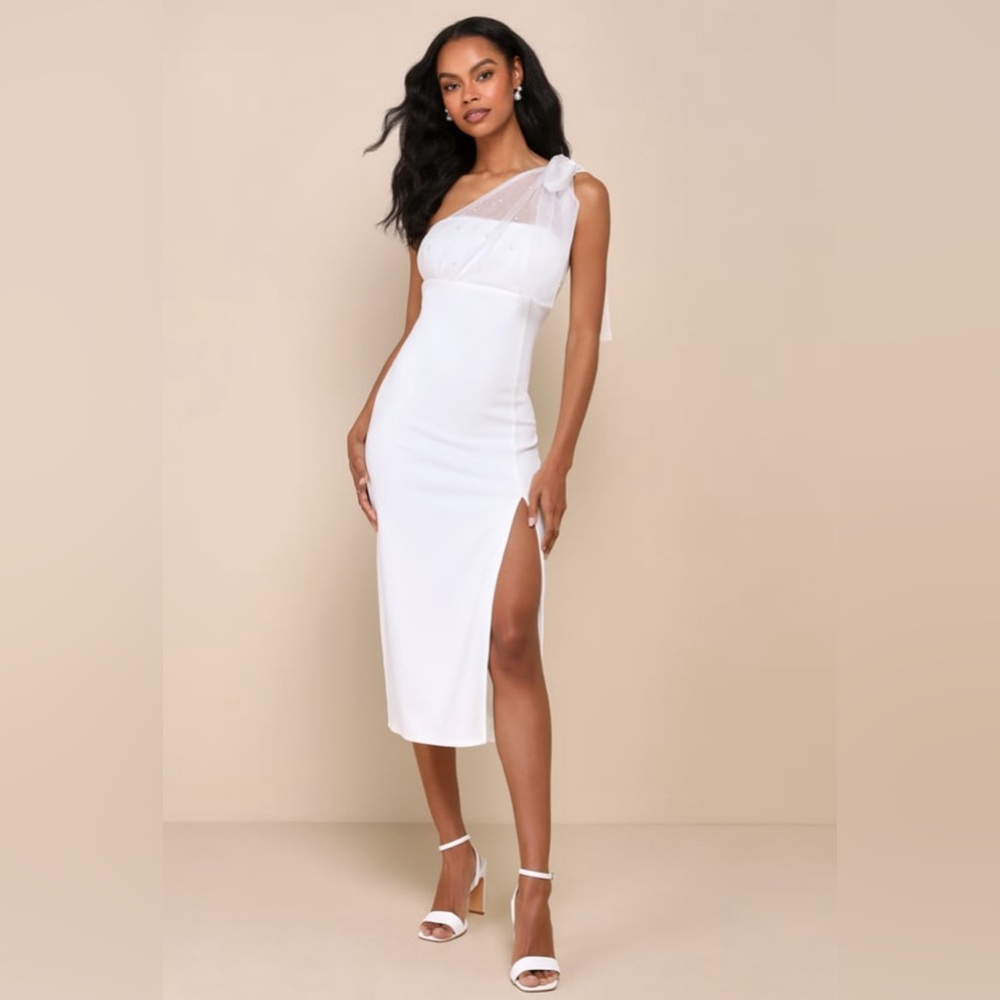 Lulu’s Elegant Indication Ivory Mesh Pearl One-Shoulder Midi Dress (never worn)